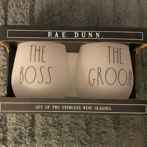 NIB Rae Dunn Set of 2 Stemless Wine Glasses “The Boss”, “The Groom”